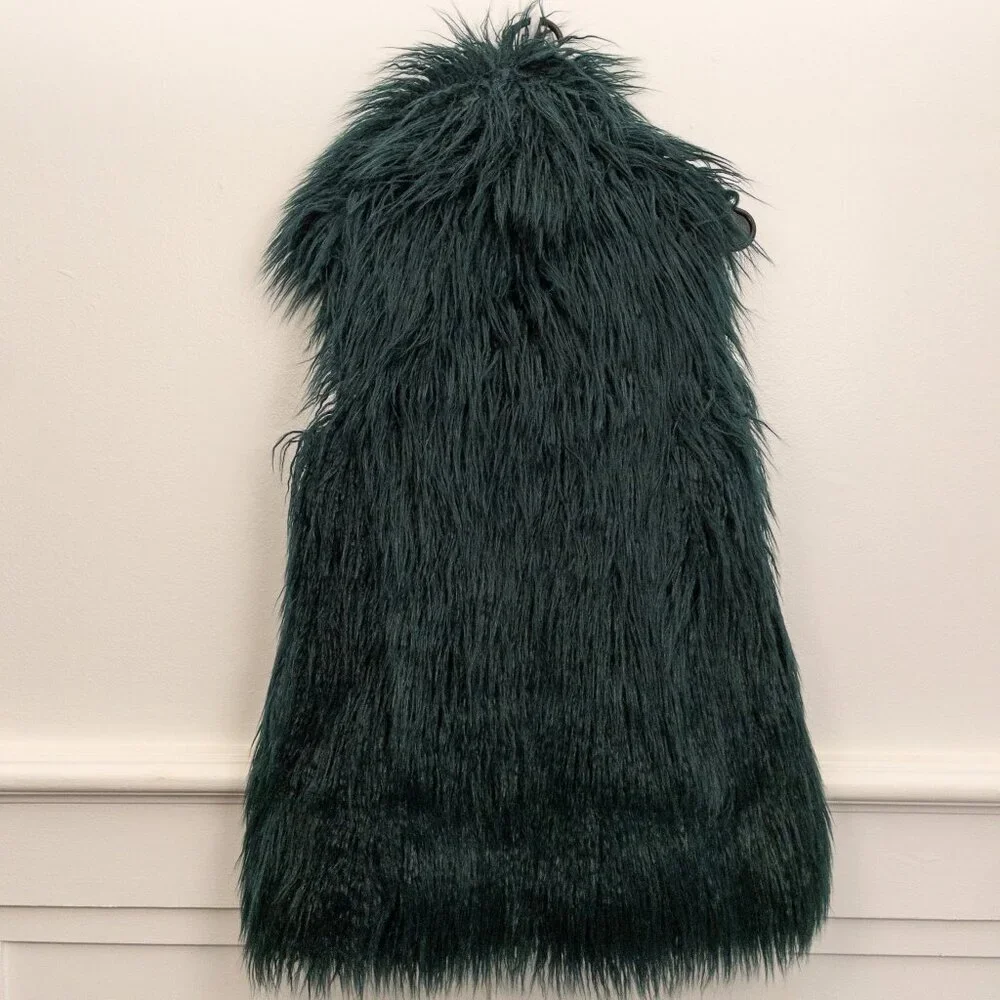 Guess Faux Fur Long Vest Green Fluffy Sleeveless Layering Jacket Size Small - Picture 3 of 4